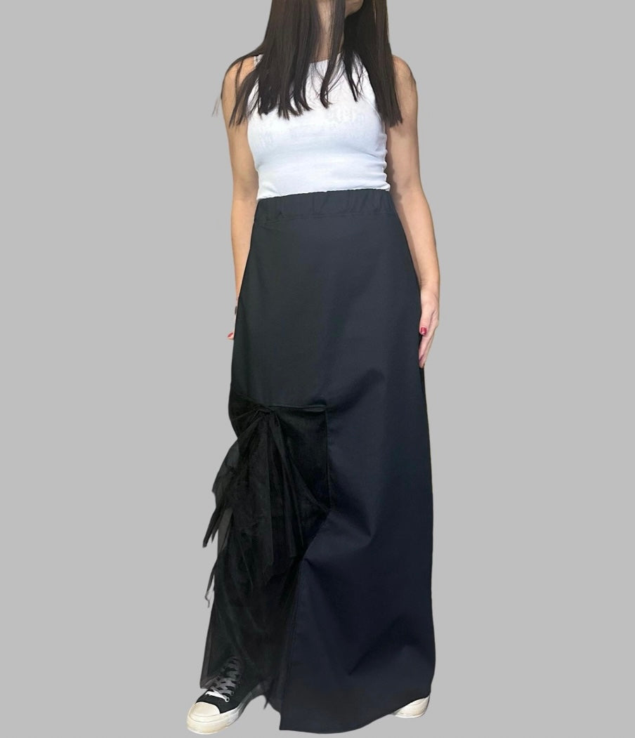 Black High Waist Asymmetric Maxi Skirt with Tulle Detail