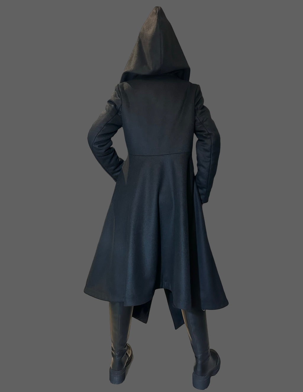 Asymmetric Black Hooded Coat – Avant-Garde Long Fleece Jacket