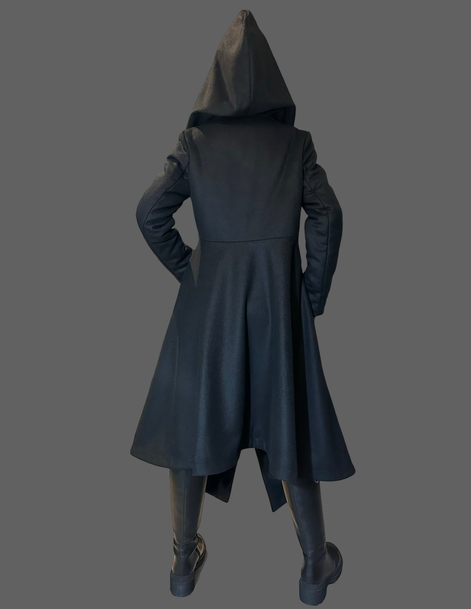 Asymmetric Black Hooded Coat – Avant-Garde Long Fleece Jacket