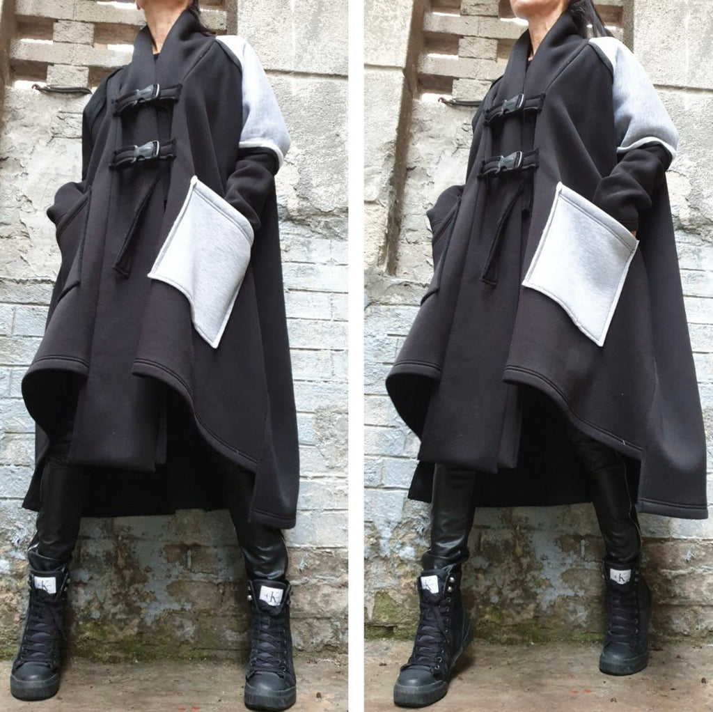 Black and Gray Asymmetric Coat with Oversized Pockets