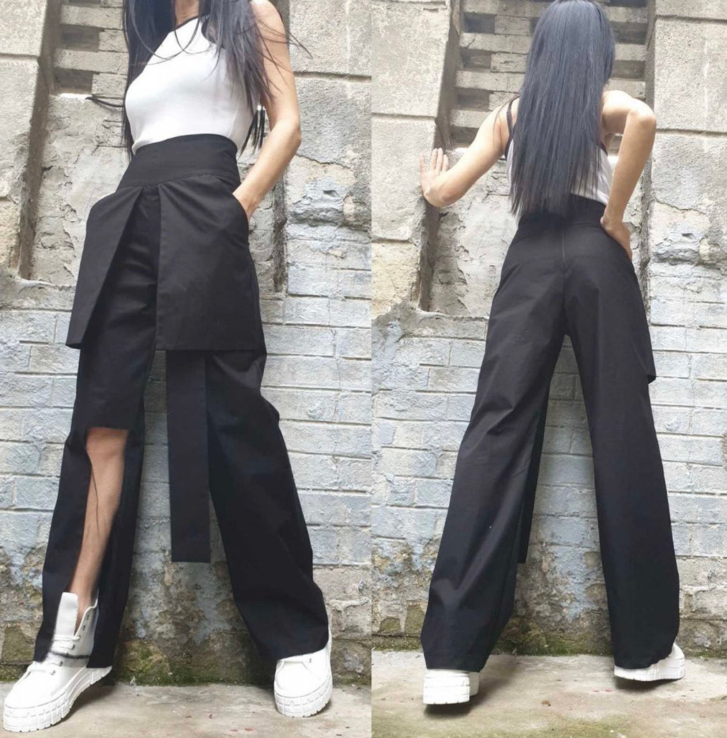 Black High Waist Asymmetric Pants with Tulle Cut-Out Detail