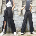 Black High Waist Asymmetric Pants with Tulle Cut-Out Detail
