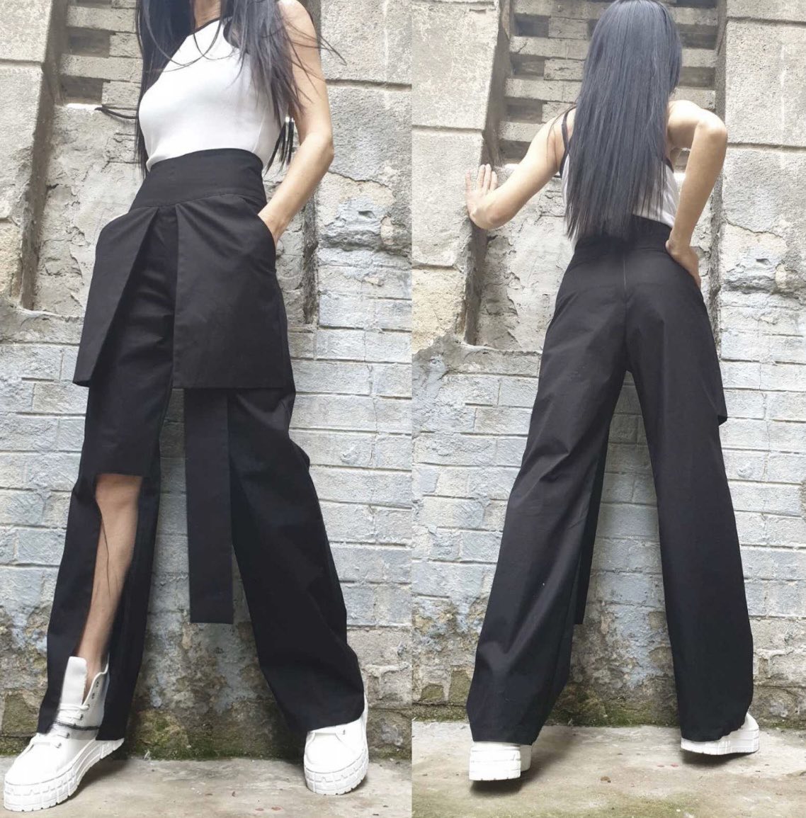 Black High Waist Asymmetric Pants with Tulle Cut-Out Detail