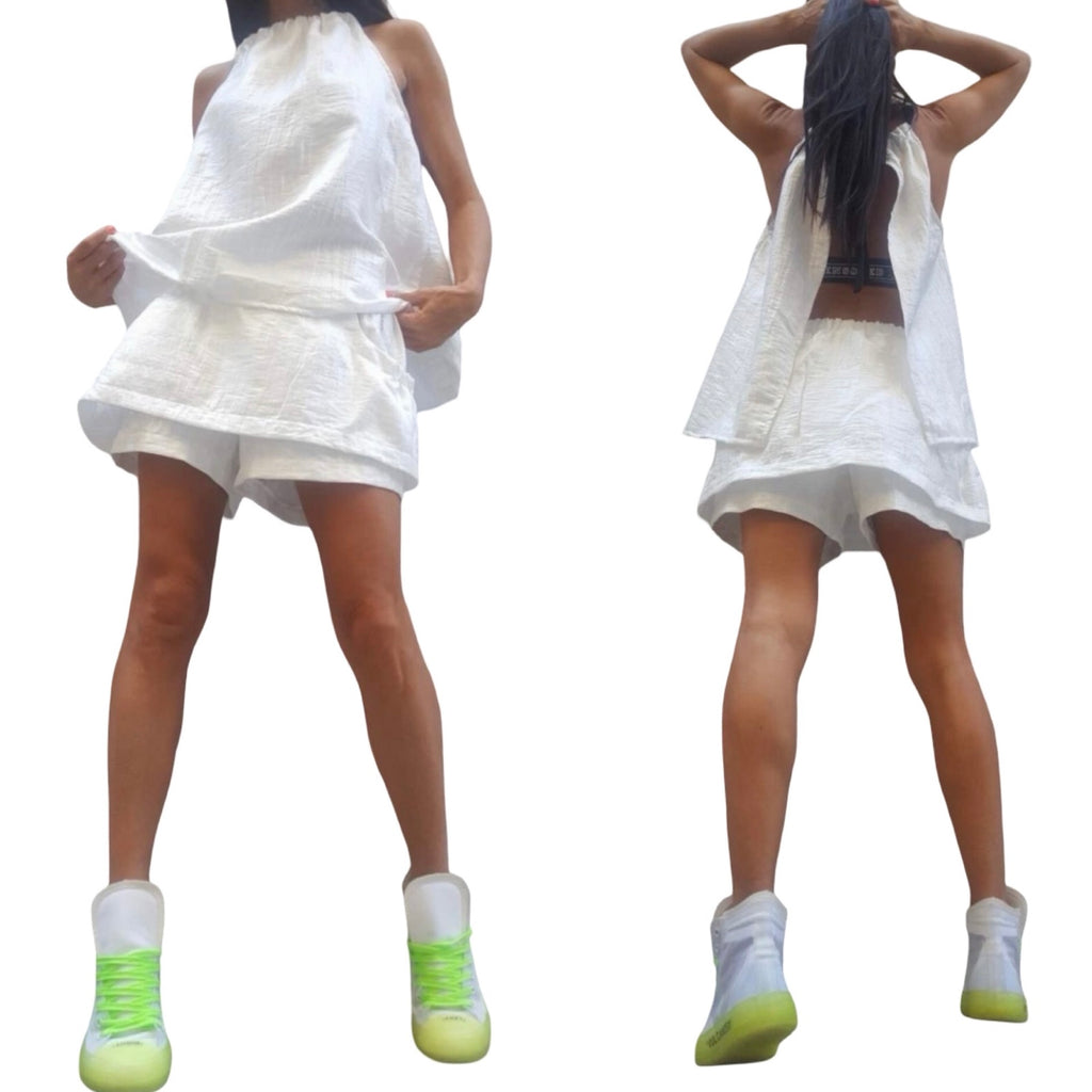 White Linen Two-Piece Set / Open Back Halter Top & Elastic Waist Skort