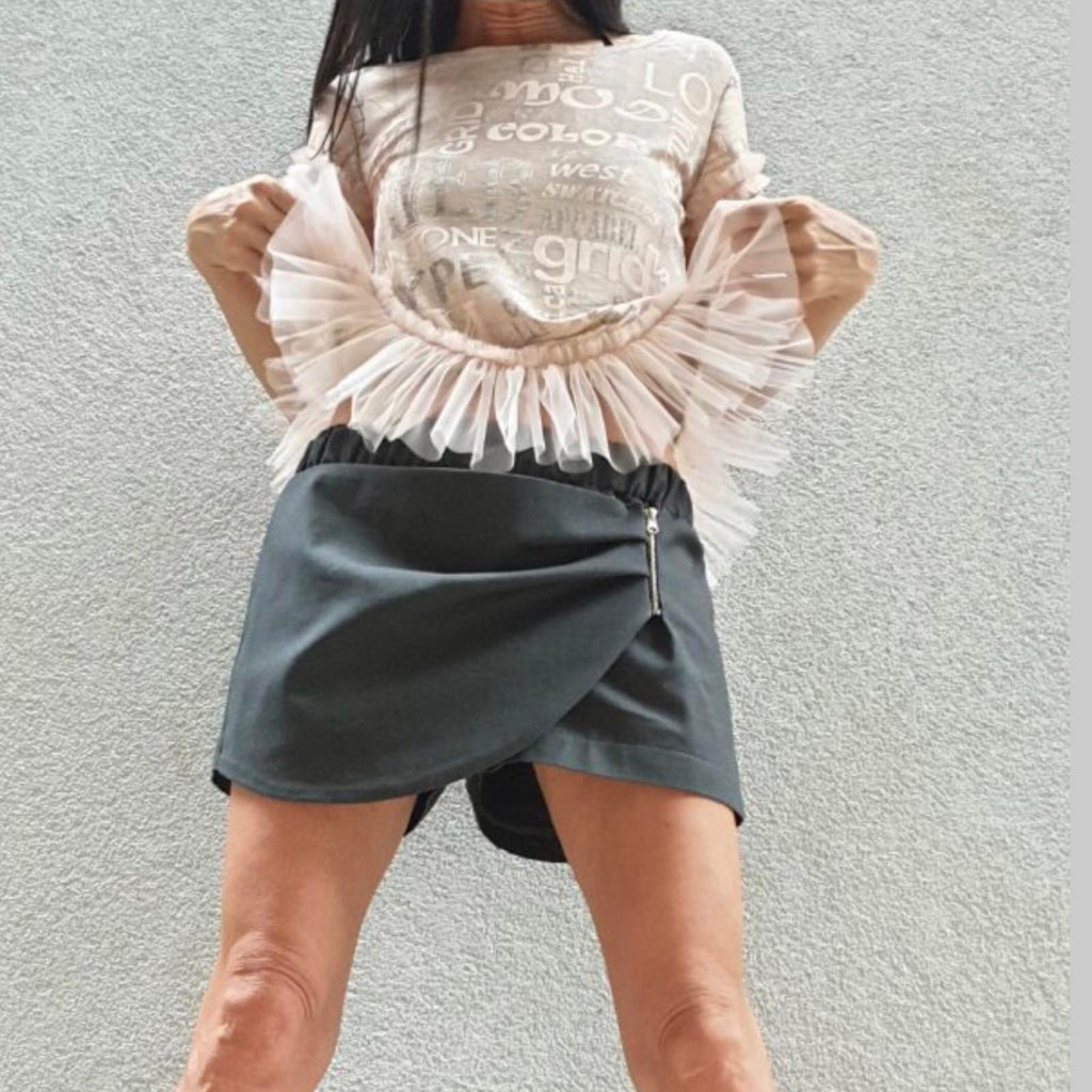 Black Skort Shorts / Cotton Stretch Shorts with Wrap Skirt Front & Zipper Detail