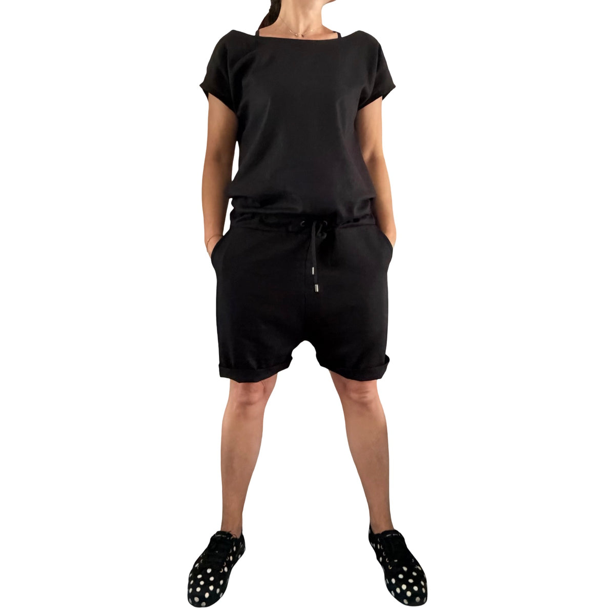Black Linen Asymmetrical Short Jumpsuit with Open Back