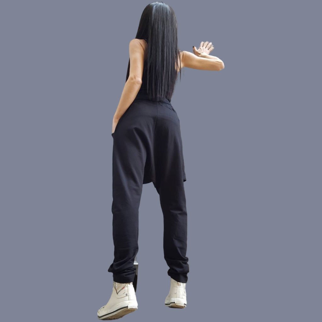 Black Cotton Harem Pants with White Asymmetrical Detail / Drop Crotch Pants