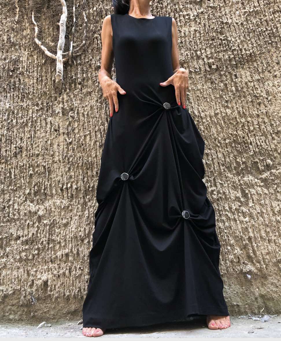 Black Asymmetric Sleeveless Cotton Dress with Button Draping