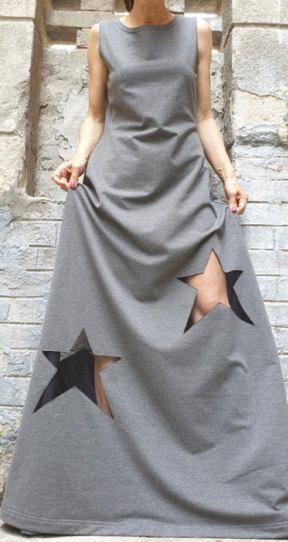 Gray Sleeveless Maxi Dress with Hand-Cut Star Details