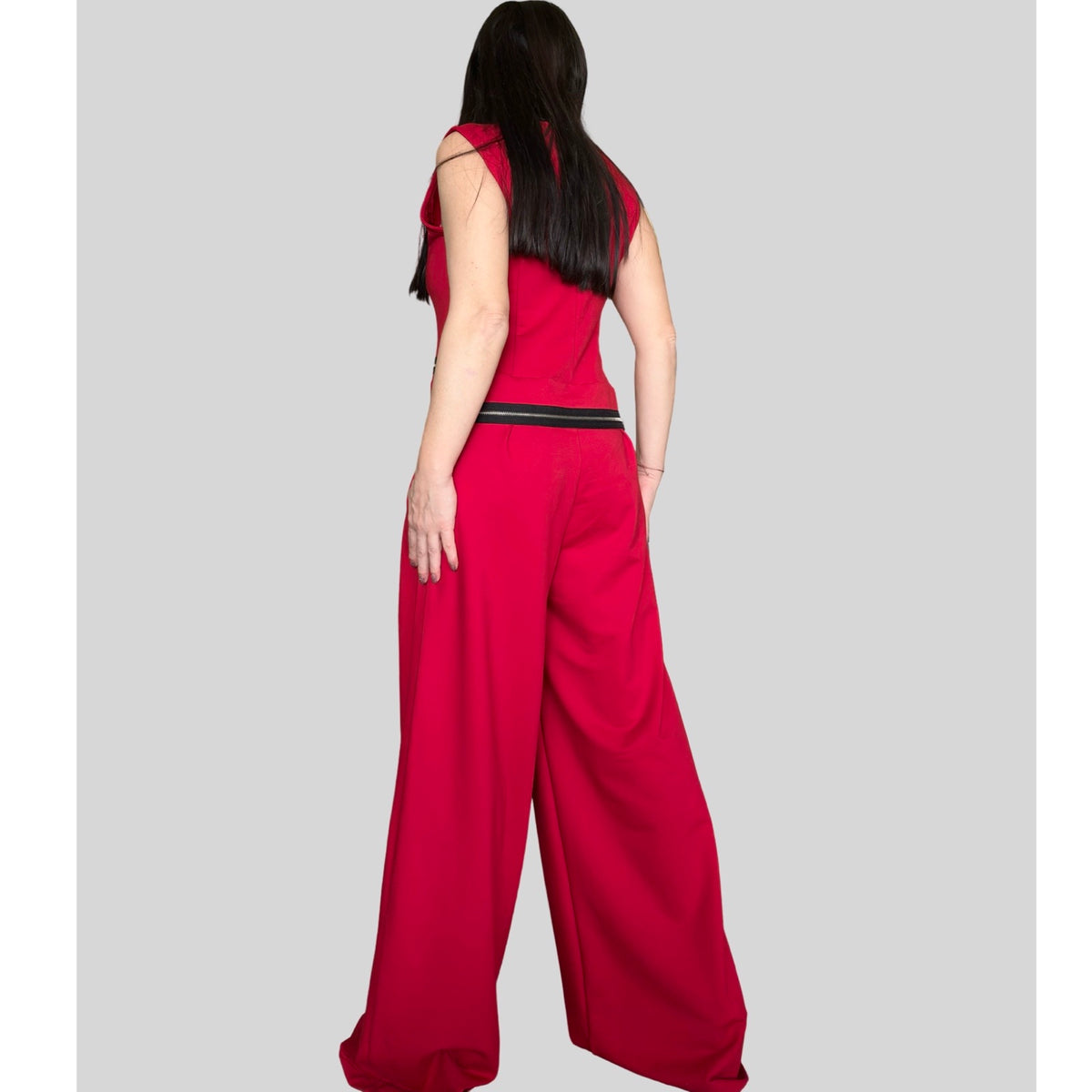 Red Sleeveless Cotton Jumpsuit with Decorative Zippers / Avant-Garde Wide Leg One Piece