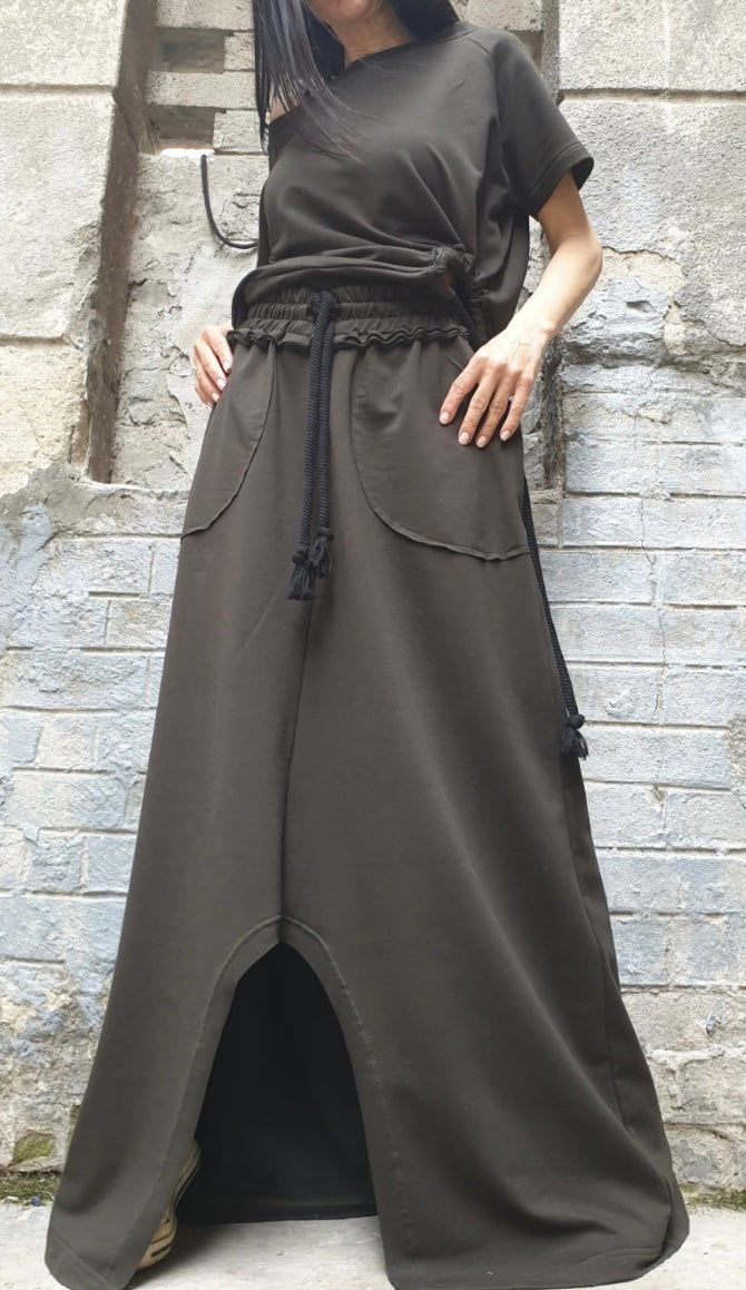 Military Green Asymmetric Two-Piece Set with Short Sleeve Top and High Waist Skirt