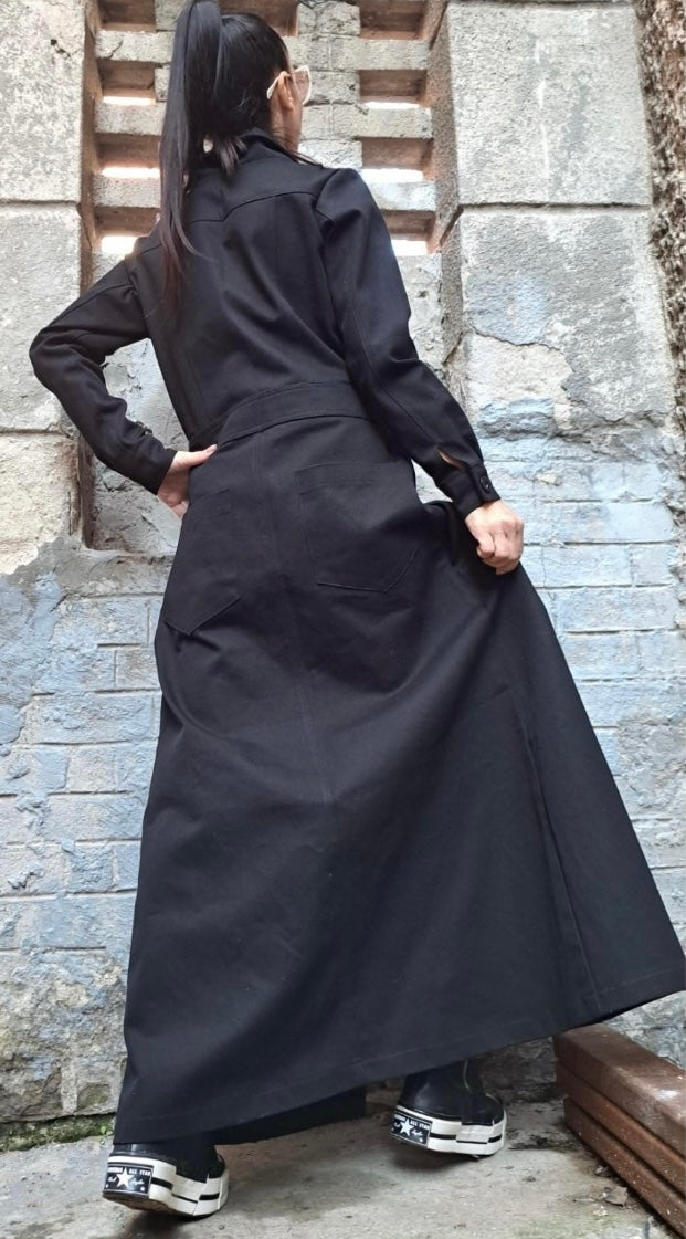 Black Denim Shirt Maxi Dress with Front Buttons and Pockets