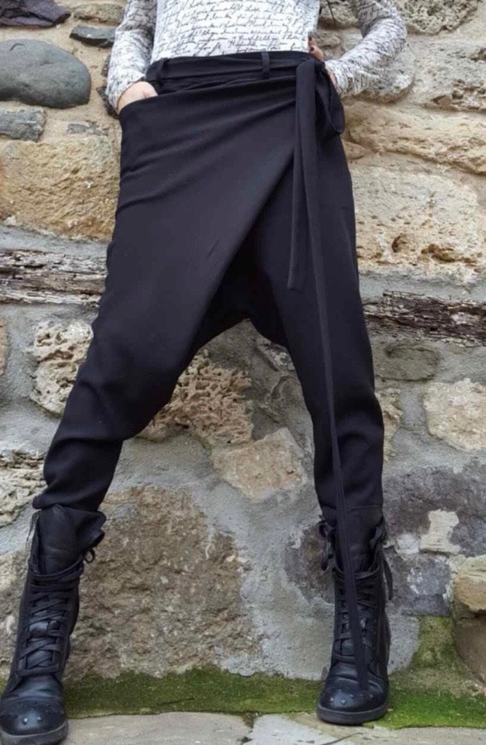Black Asymmetric Cotton Harem Pants with Tie Detail  / Avant-Garde Trousers