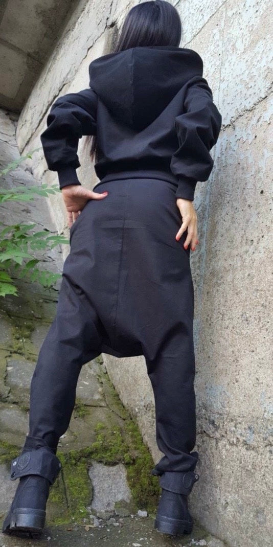 Black Low Waist Harem Pants with Asymmetric Front and Buckle Detail