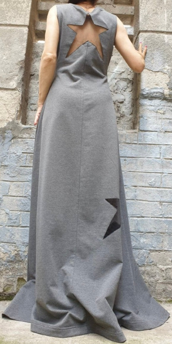Gray Sleeveless Maxi Dress with Hand-Cut Star Details