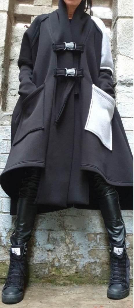Black and Gray Asymmetric Coat with Oversized Pockets