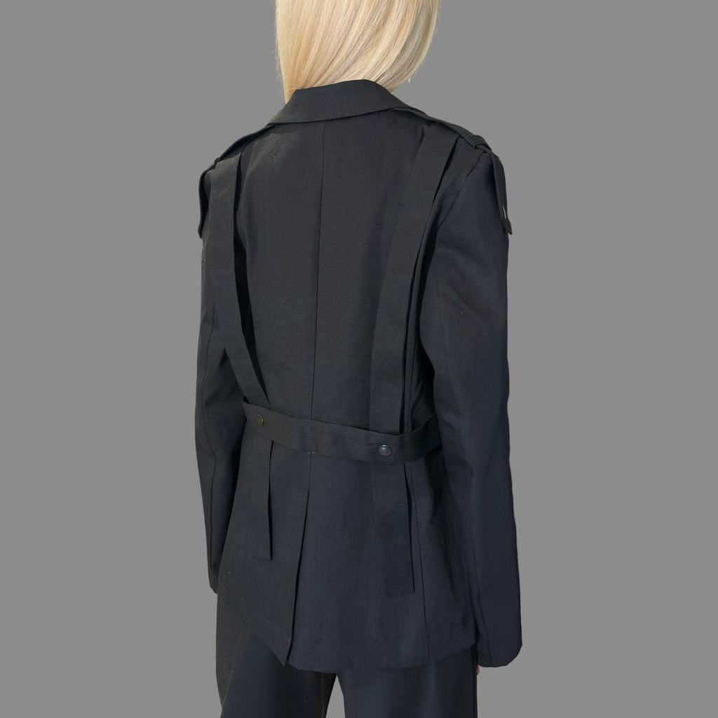 Black Denim Blazer with Front Pockets and Asymmetric Straps