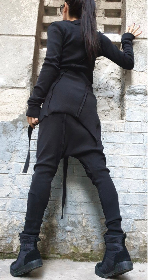 Black Asymmetric Cotton Rib Set with Harem Pants