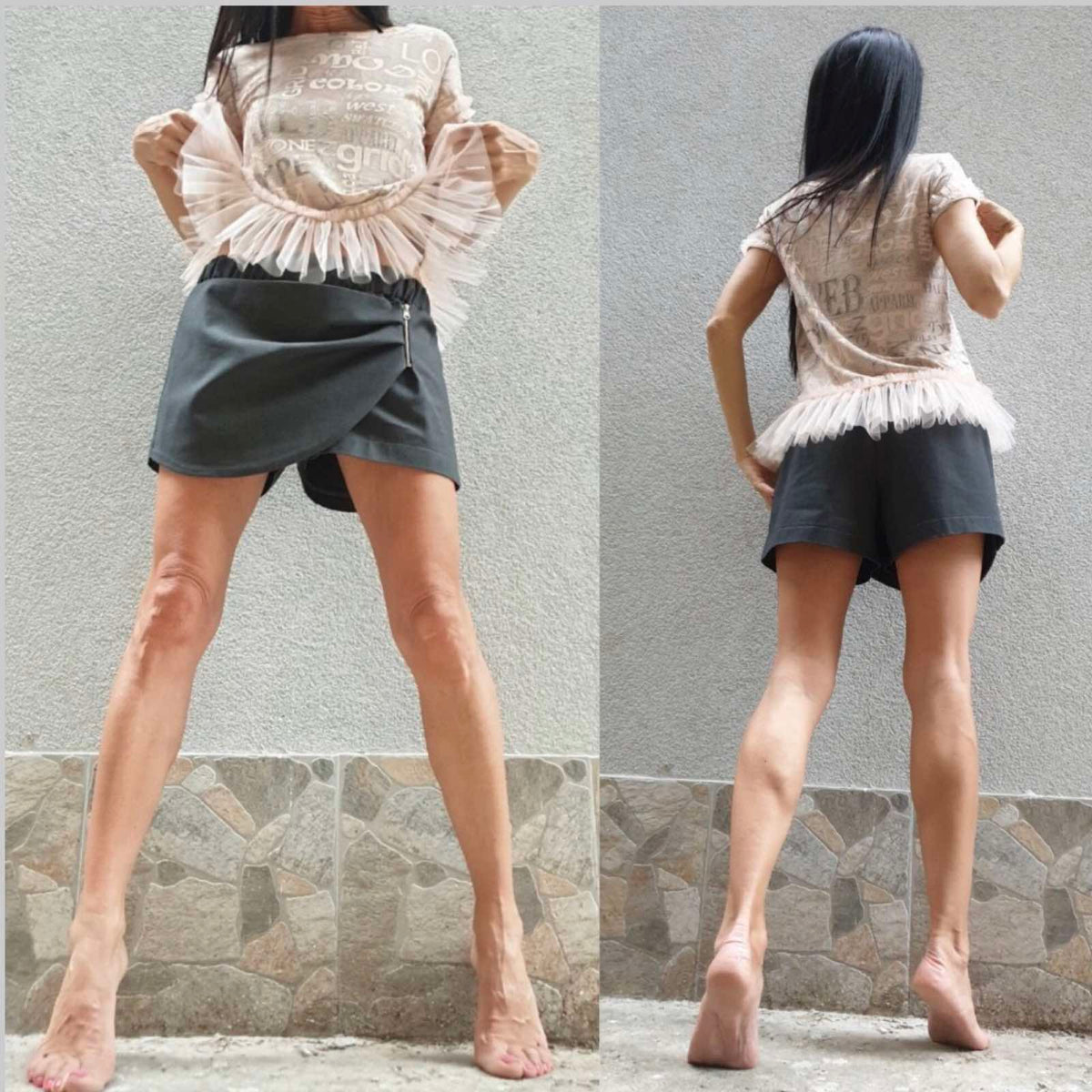 Black Skort Shorts / Cotton Stretch Shorts with Wrap Skirt Front & Zipper Detail