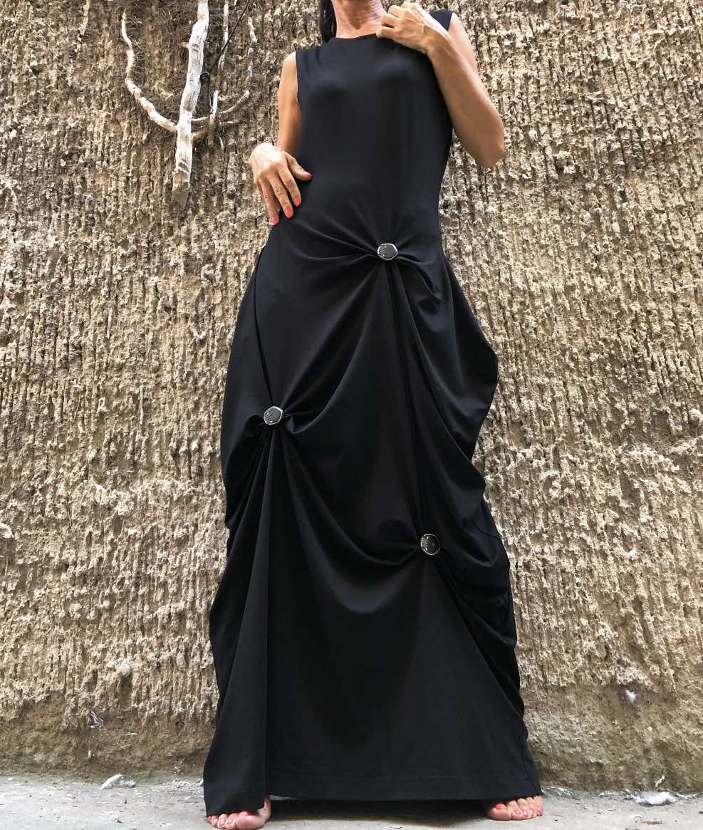 Black Asymmetric Sleeveless Cotton Dress with Button Draping