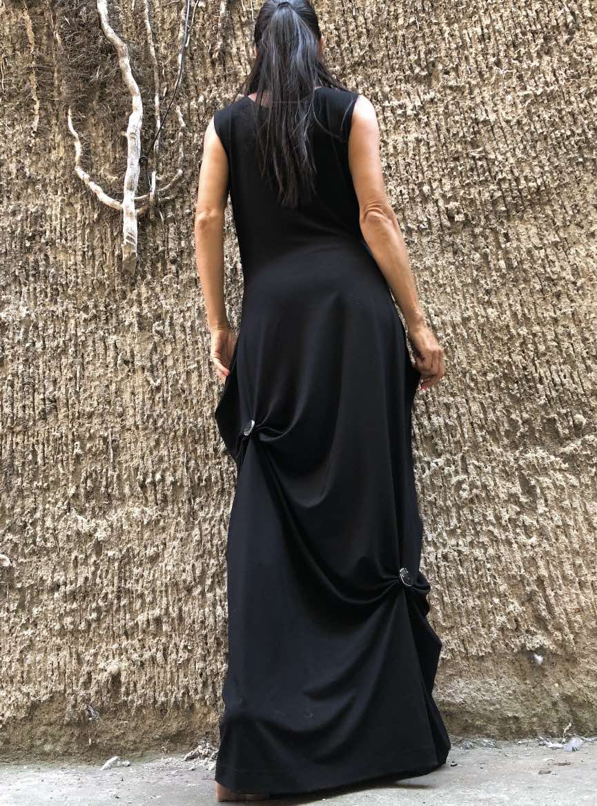 Black Asymmetric Sleeveless Cotton Dress with Button Draping