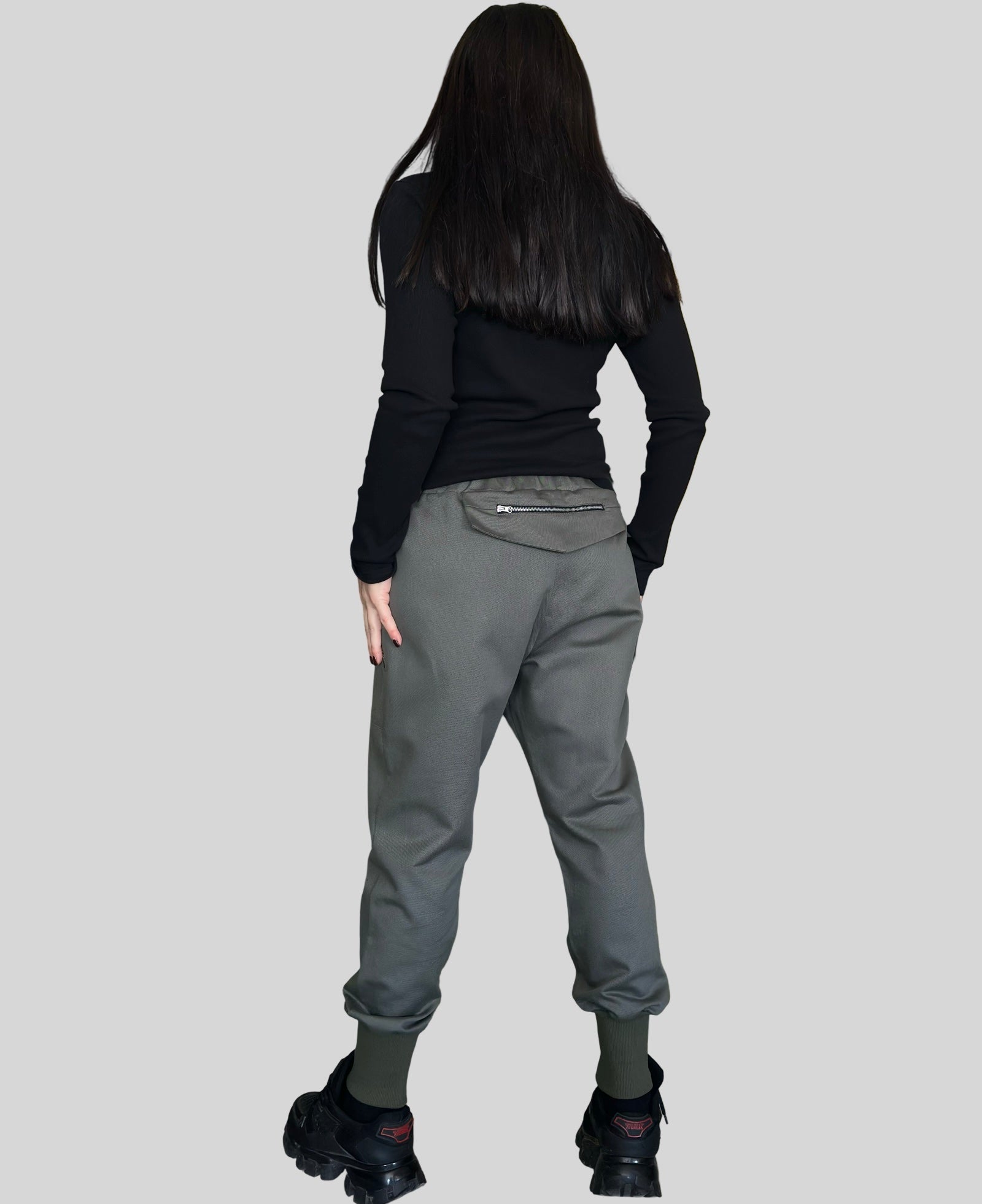 Military Green Jogger Pants with Front Zip Pockets and Back Zipper Detail