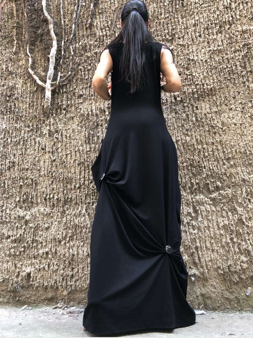 Black Asymmetric Sleeveless Cotton Dress with Button Draping