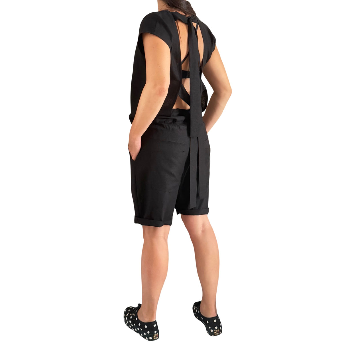 Black Linen Asymmetrical Short Jumpsuit with Open Back