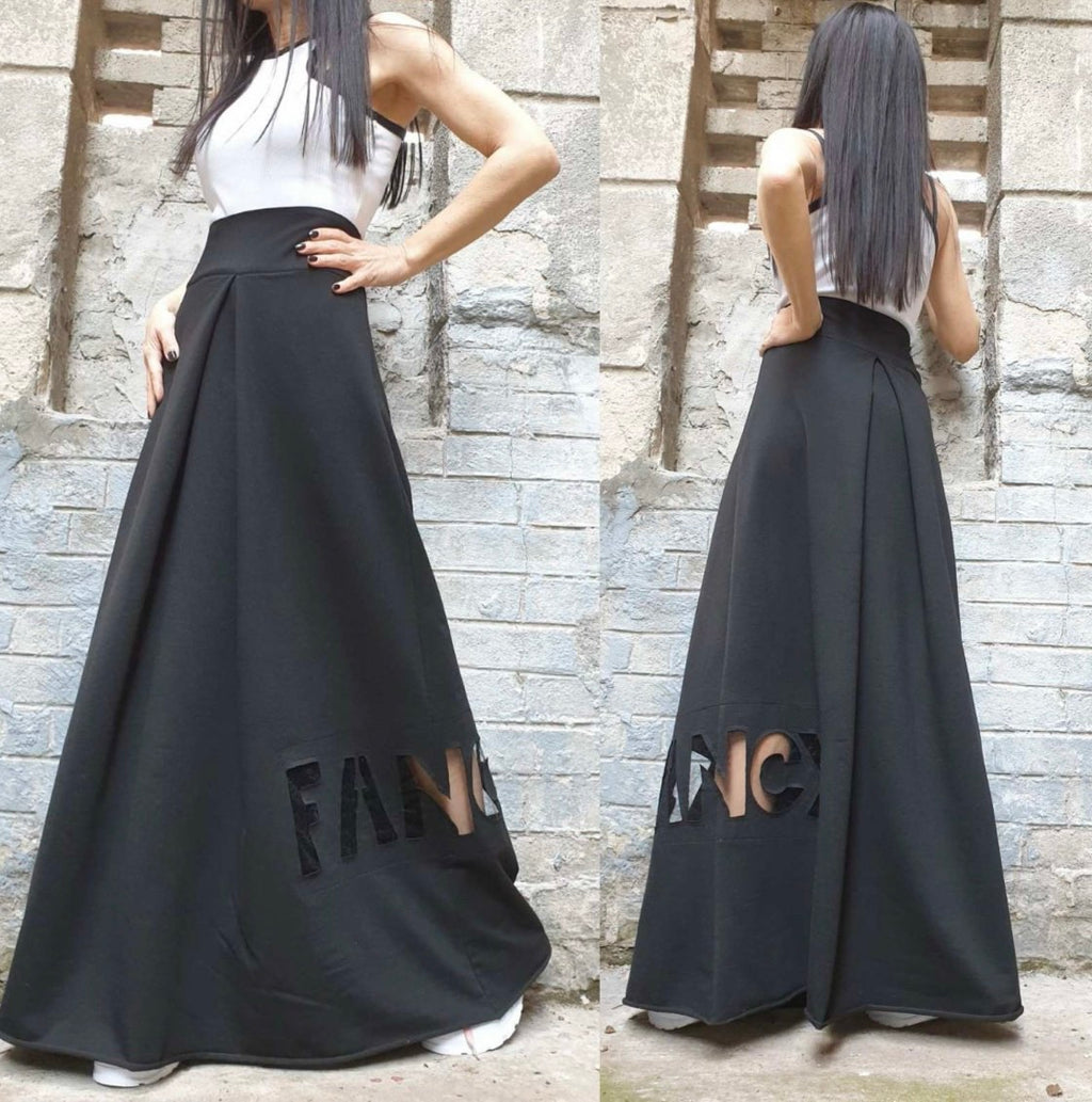 Black High Waist Maxi Skirt with Hand-Cut Fancy Detail
