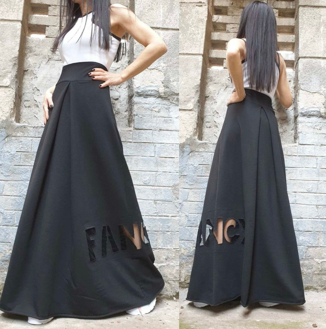 Black High Waist Maxi Skirt with Hand-Cut Fancy Detail