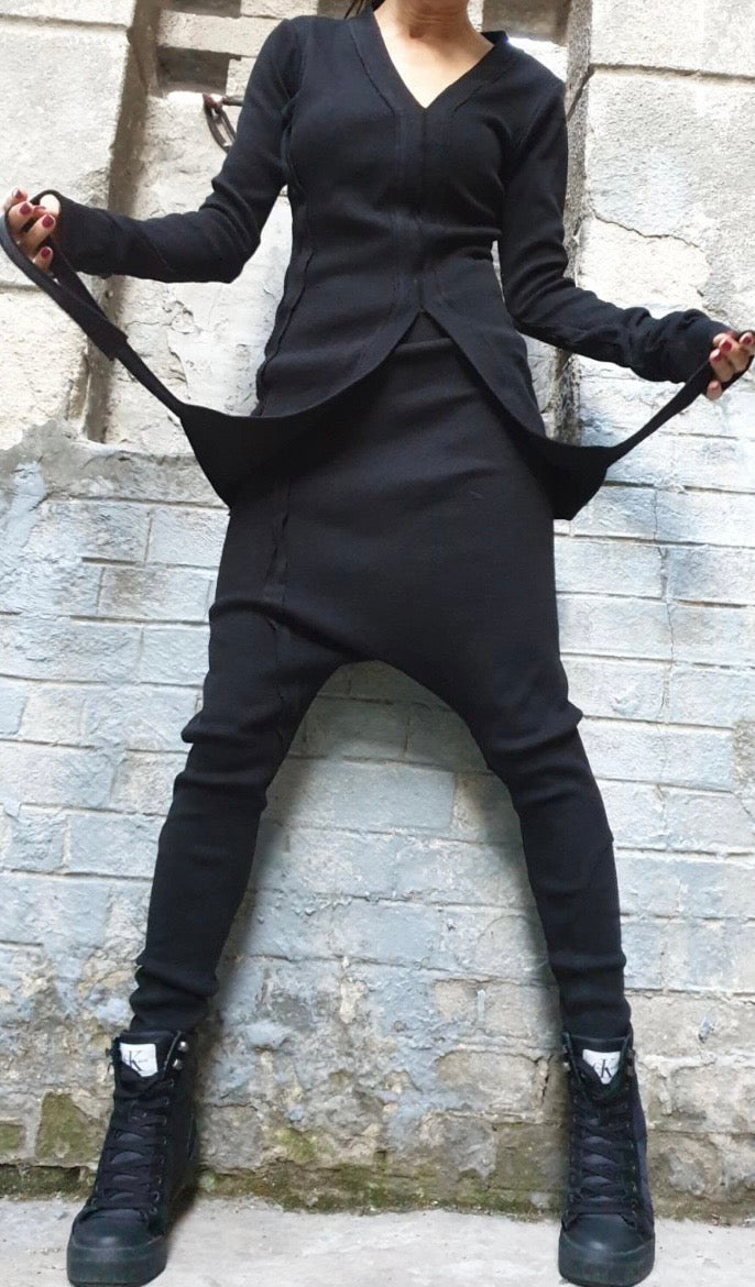 Black Asymmetric Cotton Rib Set with Harem Pants
