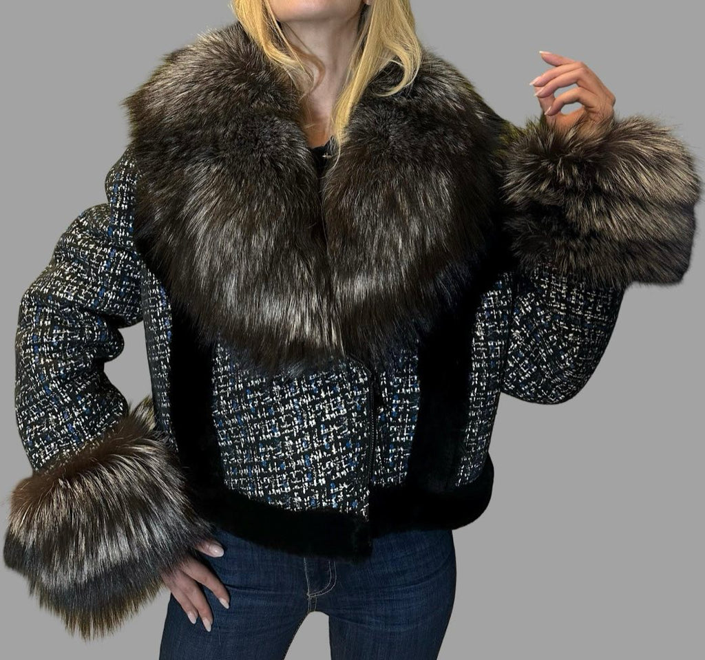 Short Lambskin Coat with Fox Fur Collar and Cuffs