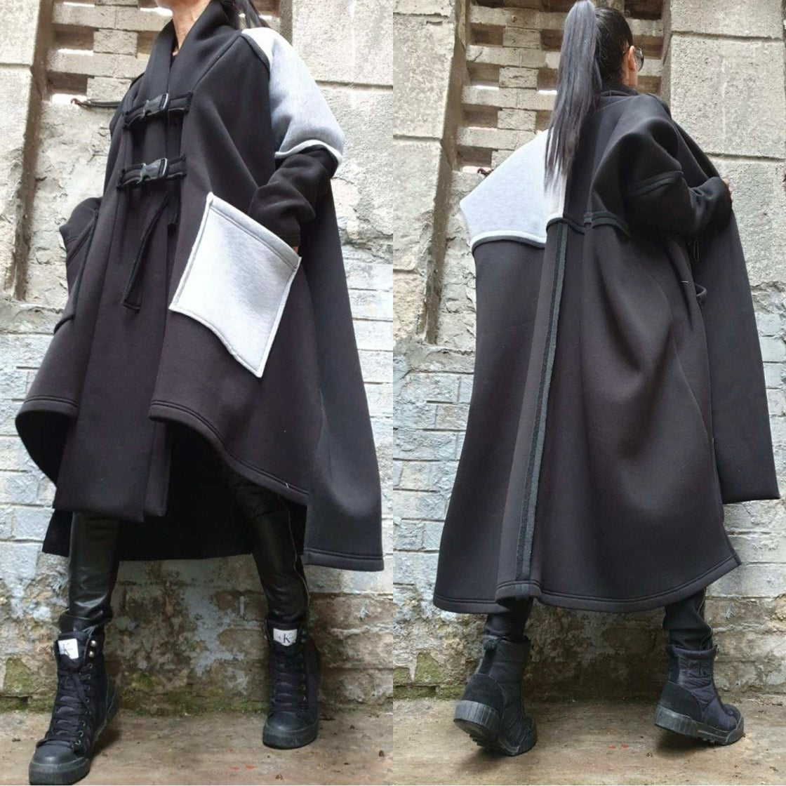 Black and Gray Asymmetric Coat with Oversized Pockets