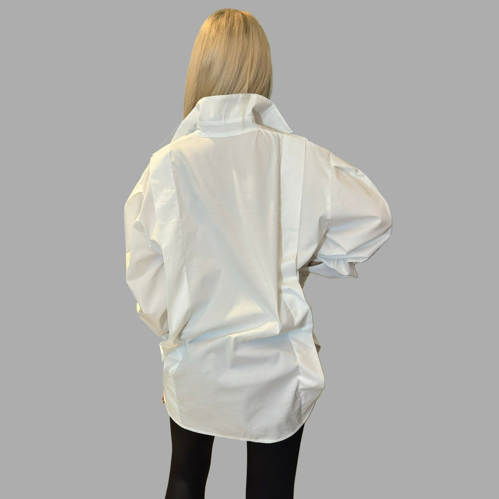 White Asymmetric Button-Up Shirt with Statement Collar