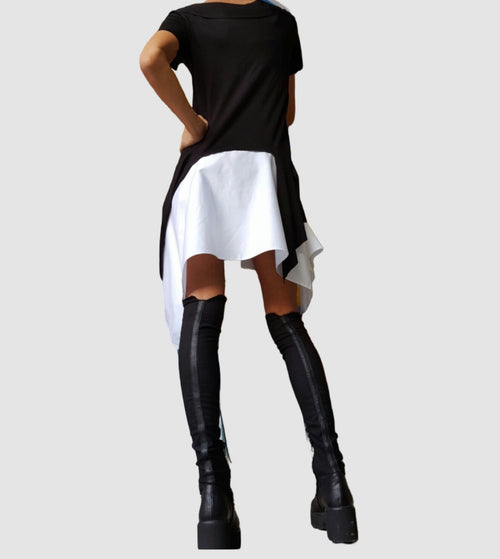 Asymmetric Black and White Cotton Tunic Top – Avant-Garde Short Sleeve Blouse / Modern Casual Designer Top