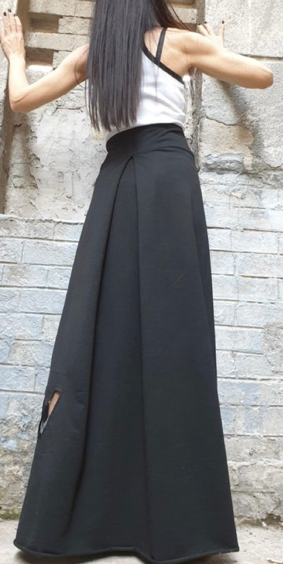 Black High Waist Maxi Skirt with Hand-Cut Fancy Detail