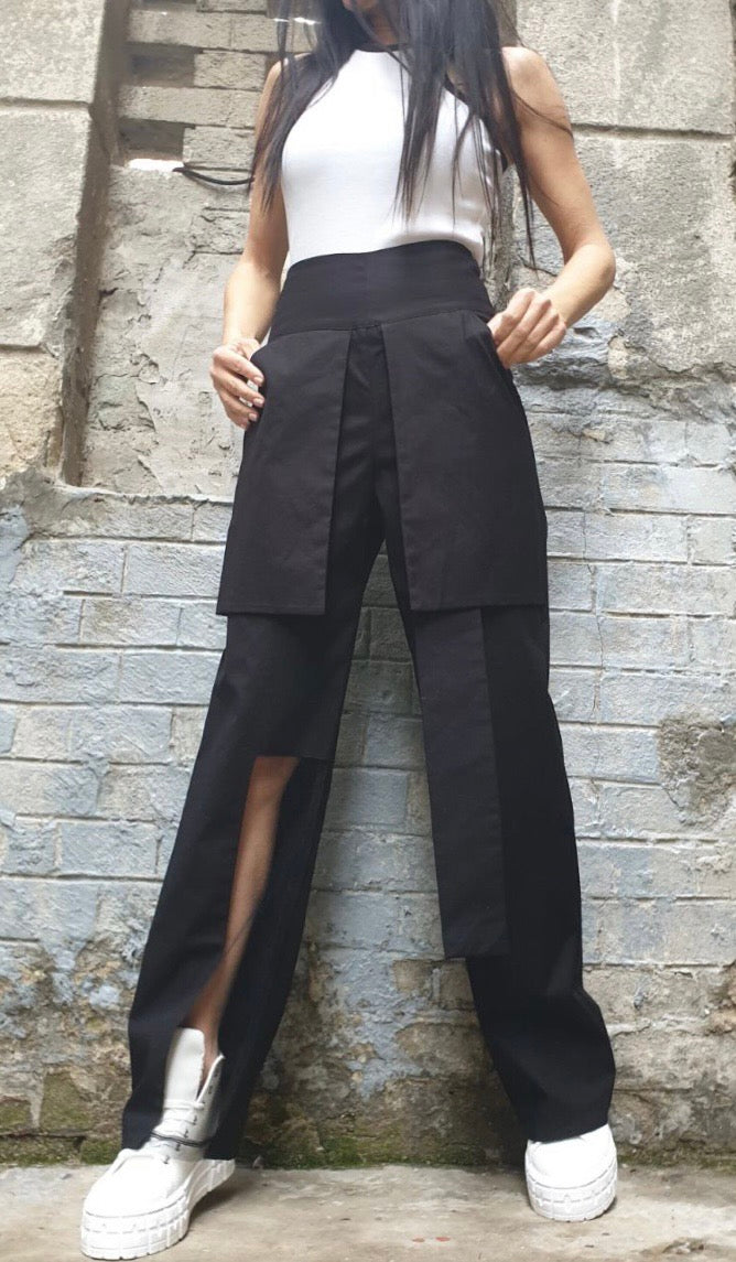 Black High Waist Asymmetric Pants with Tulle Cut-Out Detail
