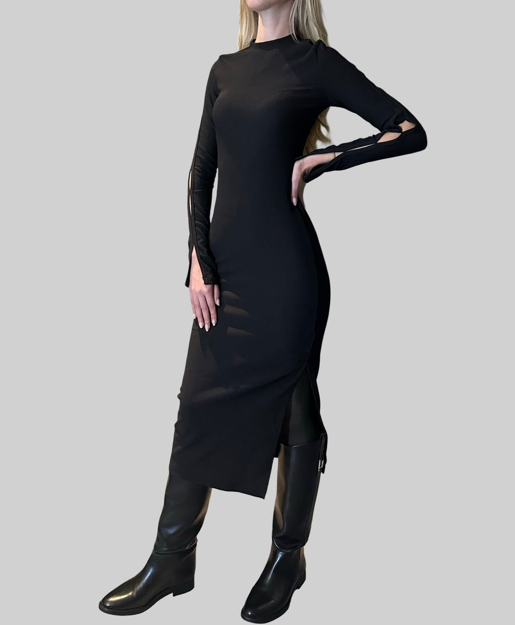 Black Ribbed Cotton Dress — Long Fitted Dress with Slit and Sleeve Details