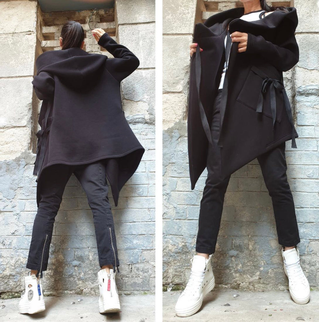 Black Asymmetric Hooded Coat with Front Pockets and Tie Closure