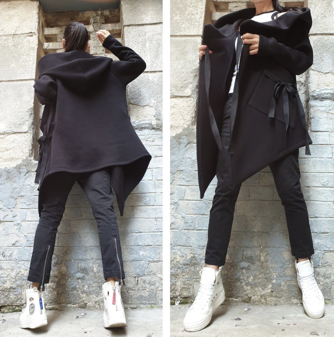Black Asymmetric Hooded Coat with Front Pockets and Tie Closure