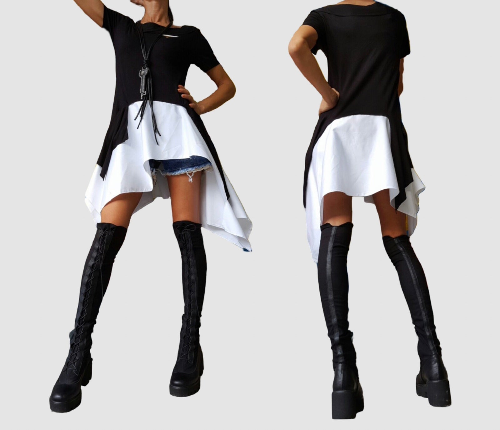Asymmetric Black and White Cotton Tunic Top – Avant-Garde Short Sleeve Blouse / Modern Casual Designer Top