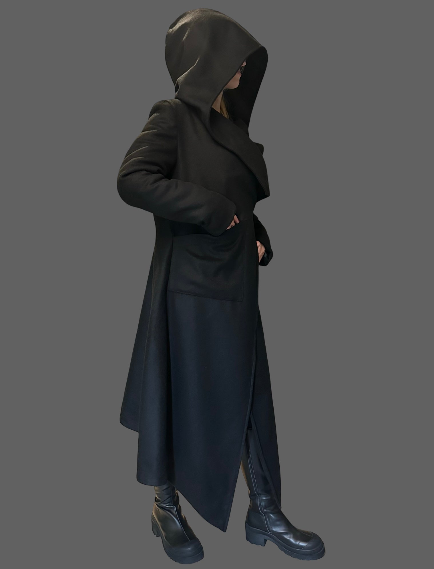 Asymmetric Black Hooded Coat – Avant-Garde Long Fleece Jacket