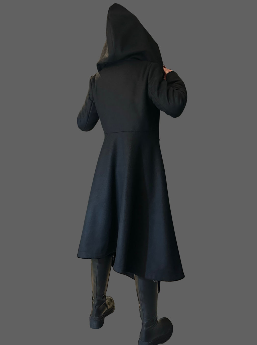 Asymmetric Black Hooded Coat – Avant-Garde Long Fleece Jacket