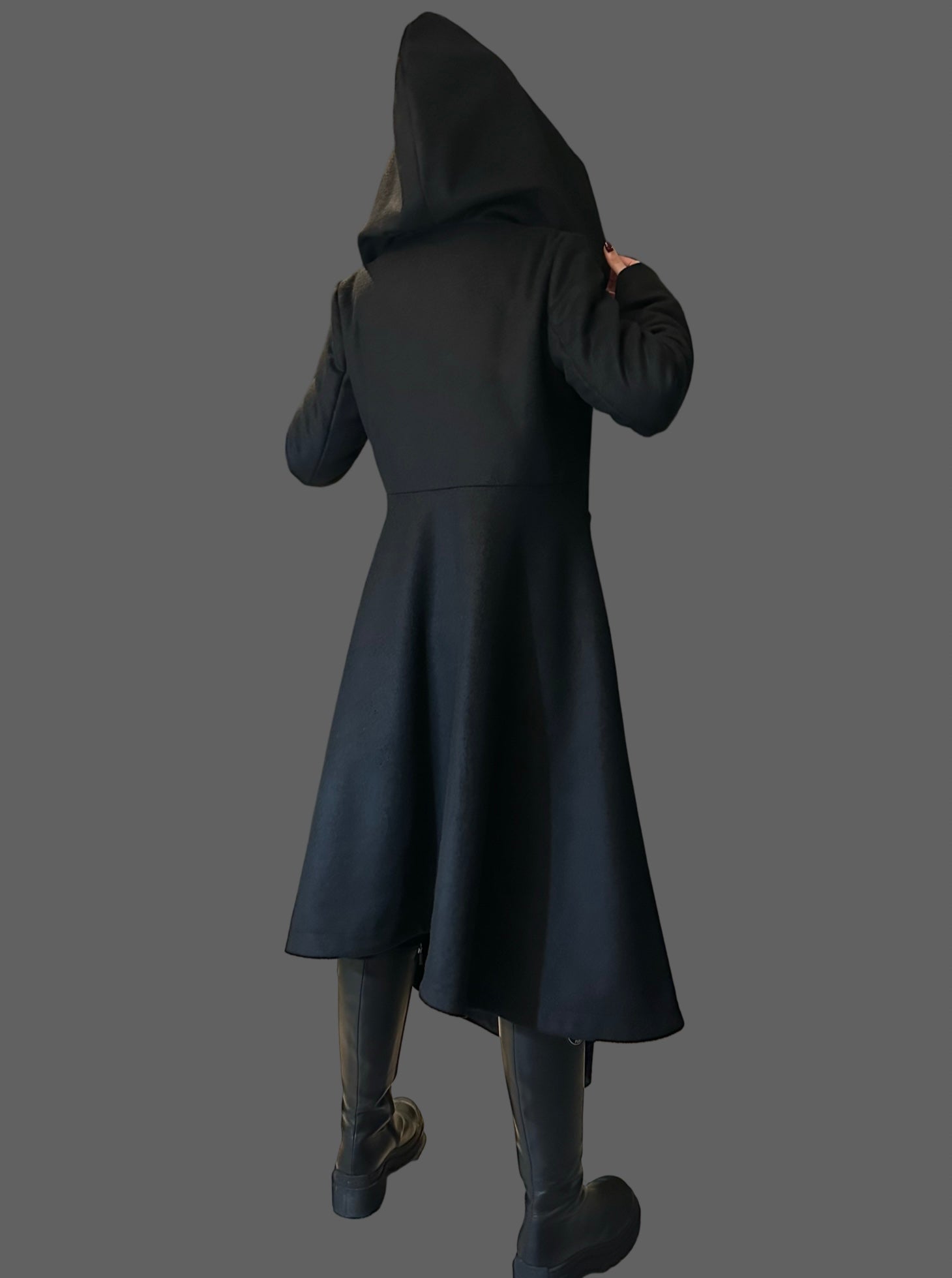 Asymmetric Black Hooded Coat – Avant-Garde Long Fleece Jacket