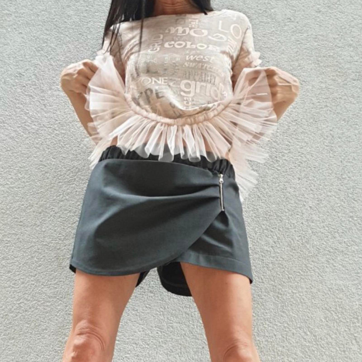 Black Skort Shorts / Cotton Stretch Shorts with Wrap Skirt Front & Zipper Detail