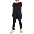 Black Hooded Harem Jumpsuit / Cotton Stretch Zip Front Romper with Pockets