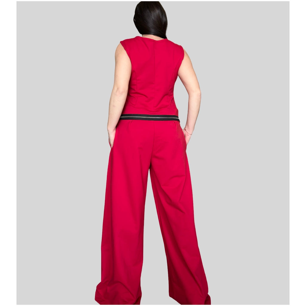 Red Sleeveless Cotton Jumpsuit with Decorative Zippers / Avant-Garde Wide Leg One Piece