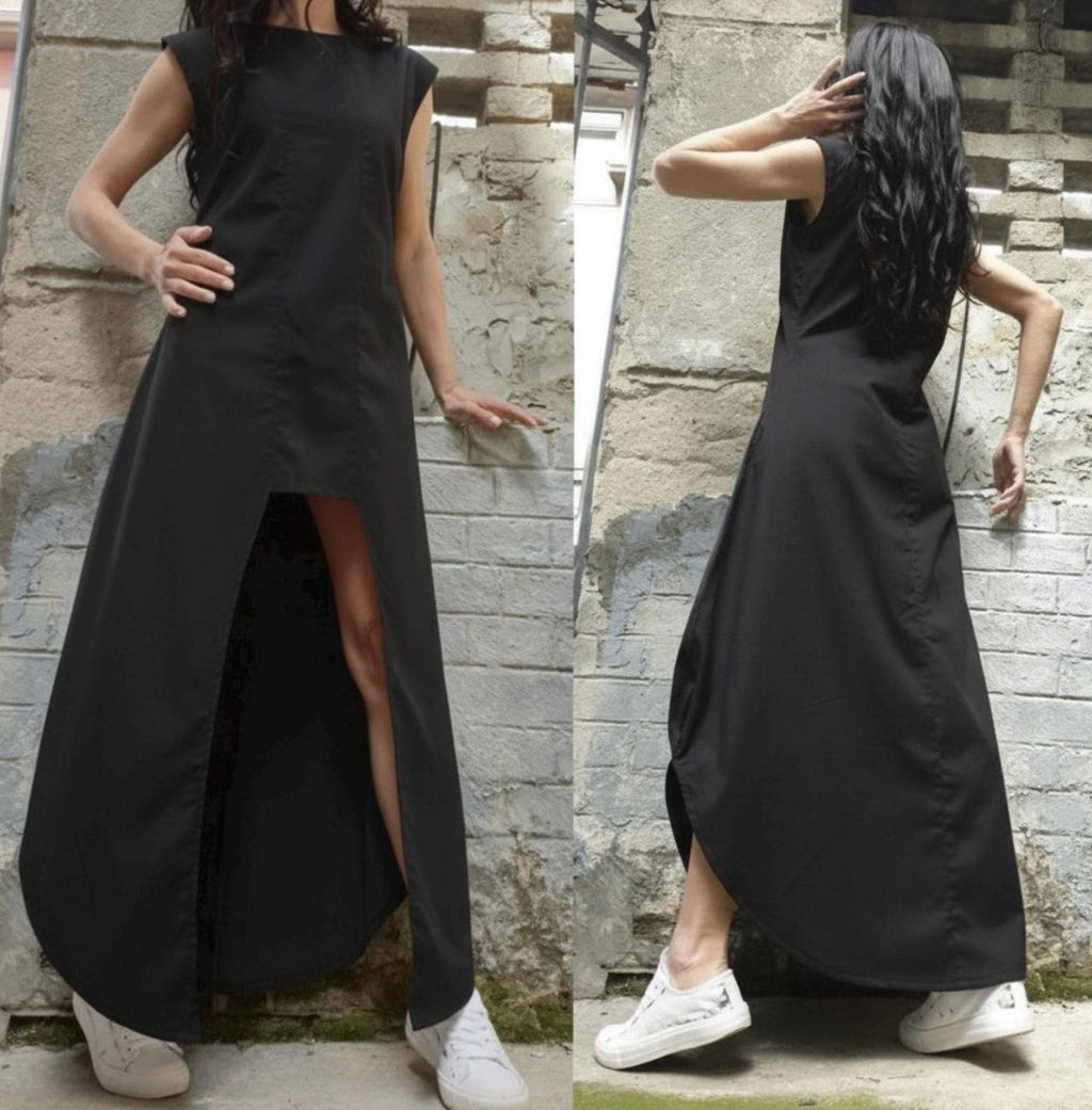 Black Asymmetric Sleeveless Cotton Dress – Short Front, Long Back