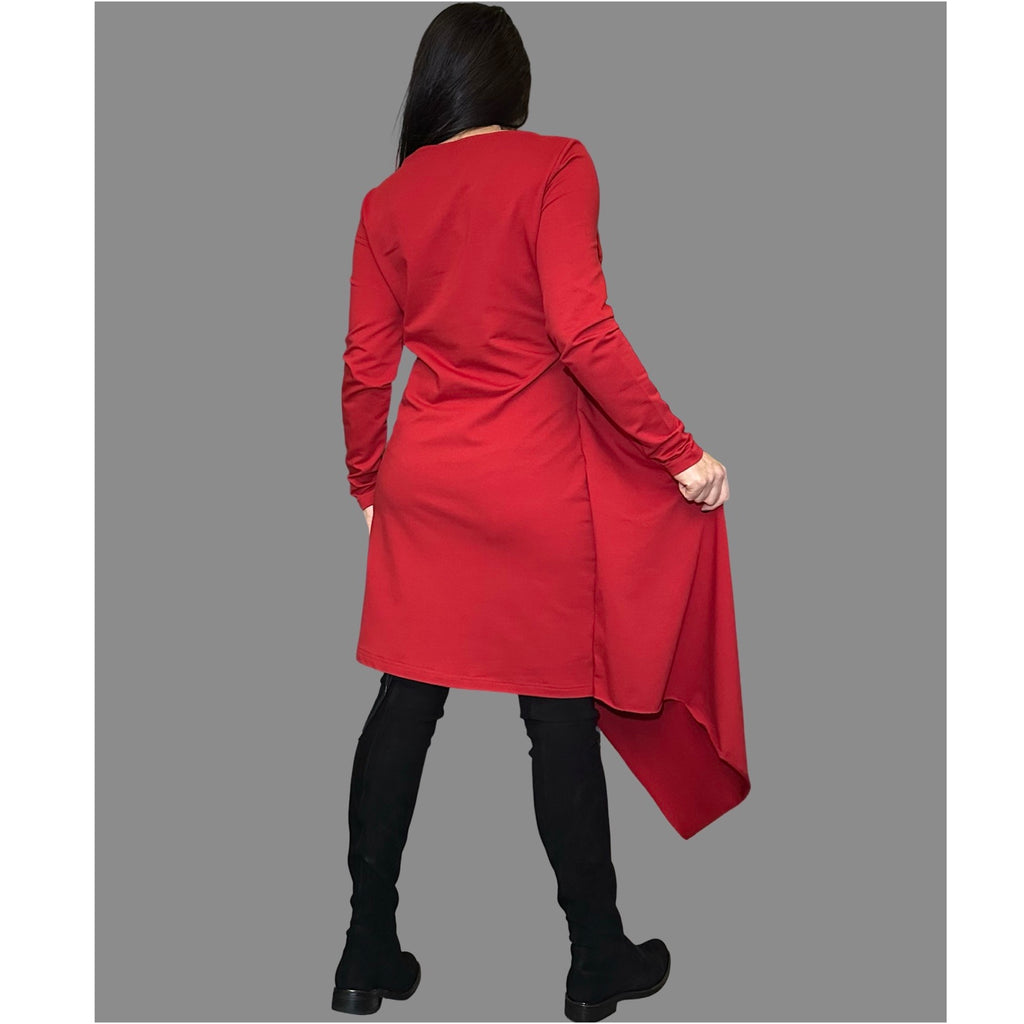 Red Asymmetrical Cotton Dress — Avant-Garde Draped Tunic