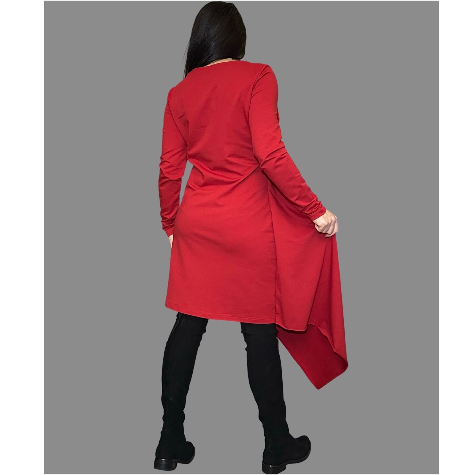 Red Asymmetrical Cotton Dress — Avant-Garde Draped Tunic